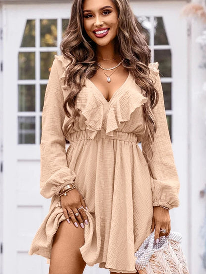 Elegant Khaki Ruffled V Neck Mini Dress with High Waist