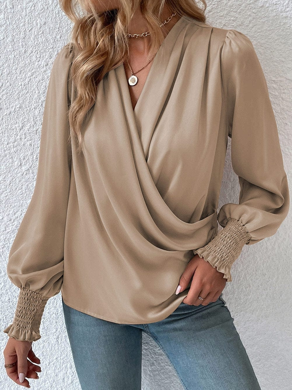 Elegant Khaki Satin Surplice Neck Bubble Sleeve Blouse