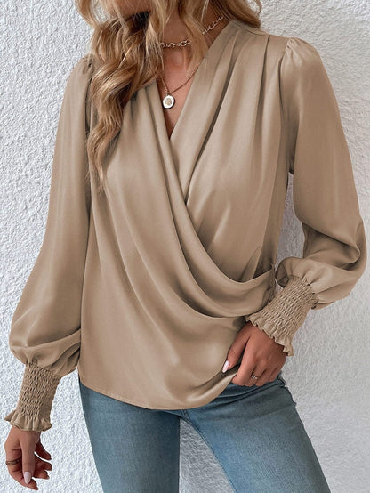 Elegant Khaki Satin Surplice Neck Bubble Sleeve Blouse