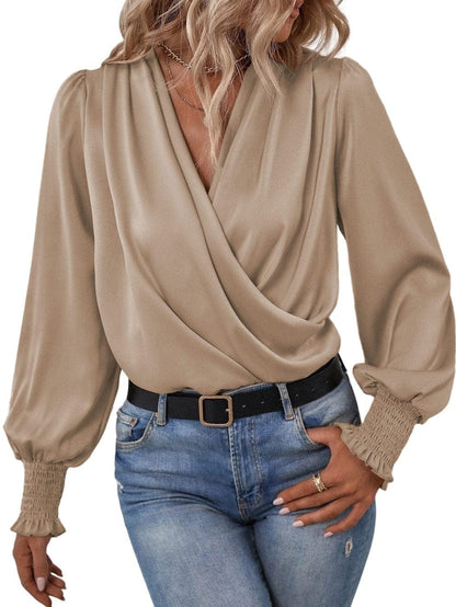 Elegant Khaki Satin Surplice Neck Bubble Sleeve Blouse