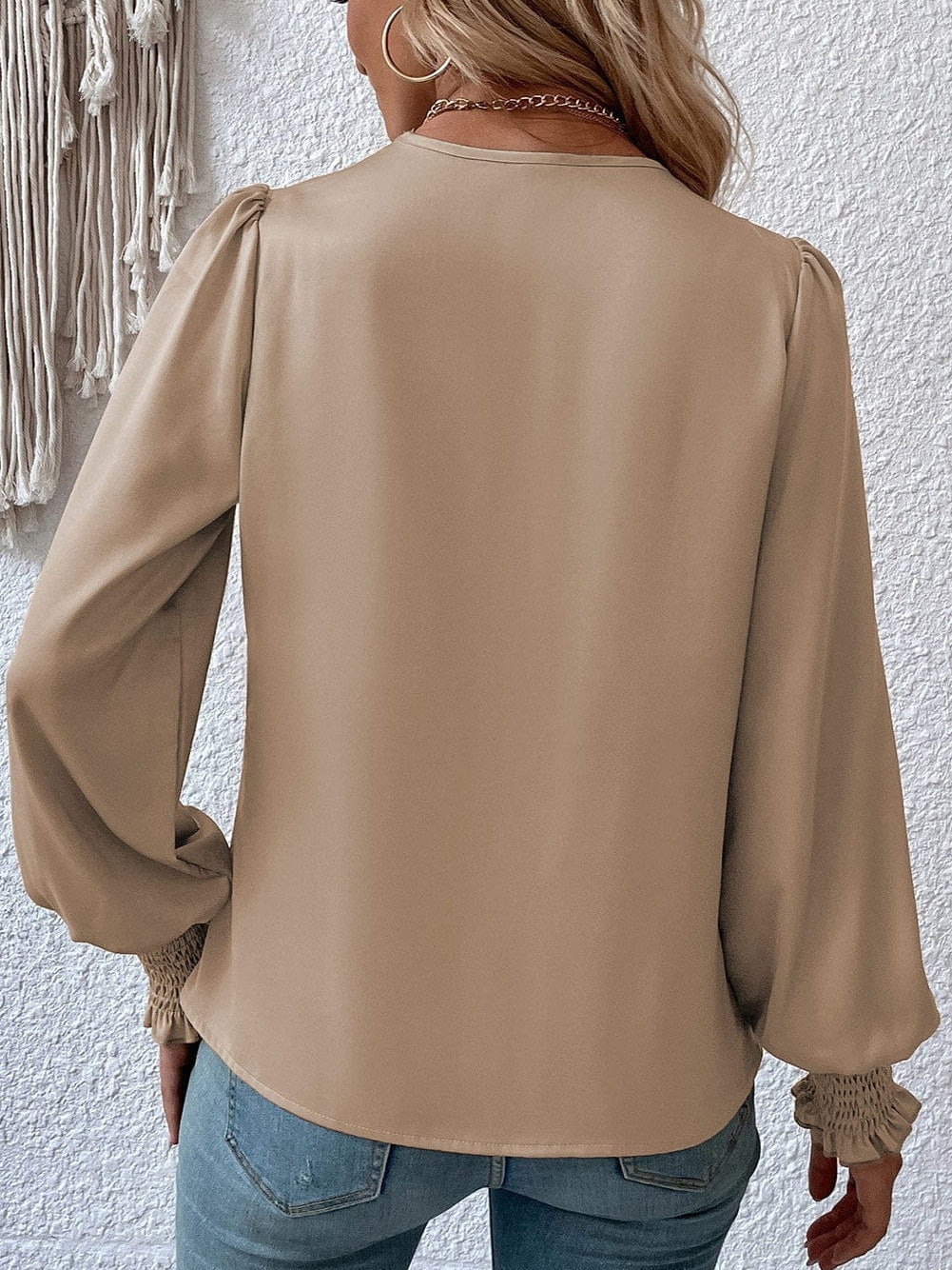 Elegant Khaki Satin Surplice Neck Bubble Sleeve Blouse