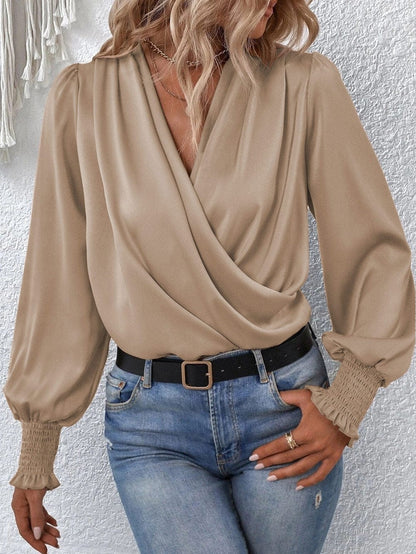 Elegant Khaki Satin Surplice Neck Bubble Sleeve Blouse