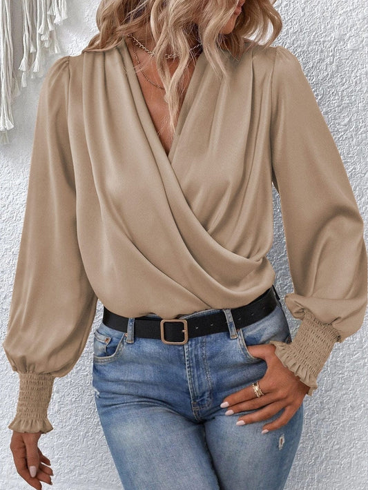 Elegant Khaki Satin Surplice Neck Bubble Sleeve Blouse