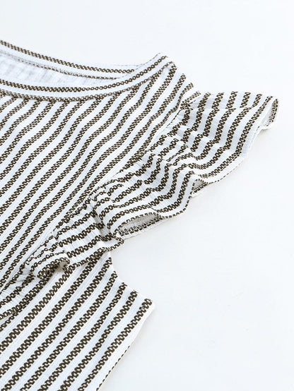 Elegant Khaki Striped Ruffle Tank Top