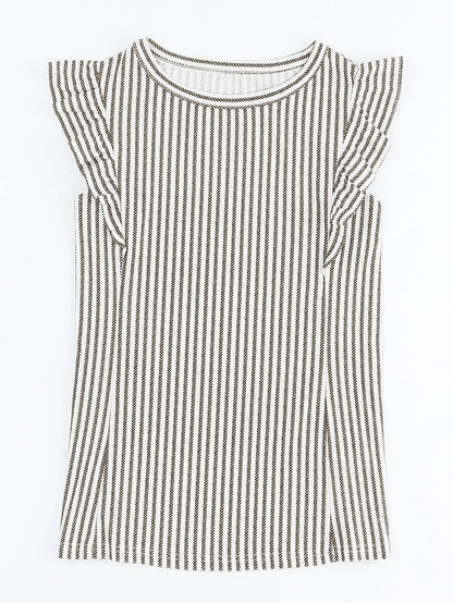 Elegant Khaki Striped Ruffle Tank Top