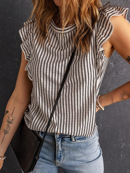 Elegant Khaki Striped Ruffle Tank Top