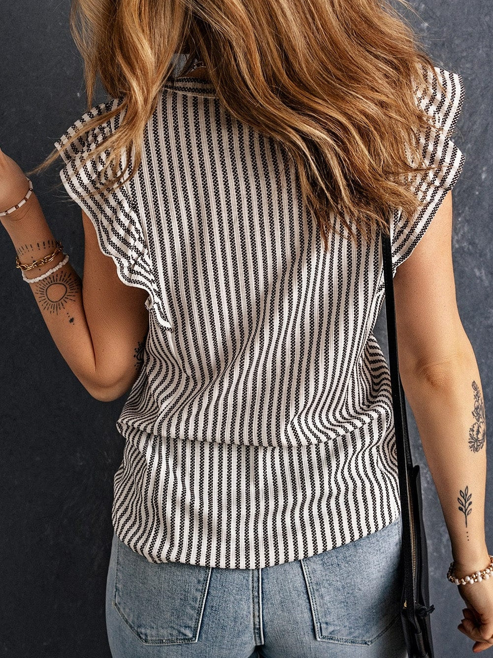 Elegant Khaki Striped Ruffle Tank Top