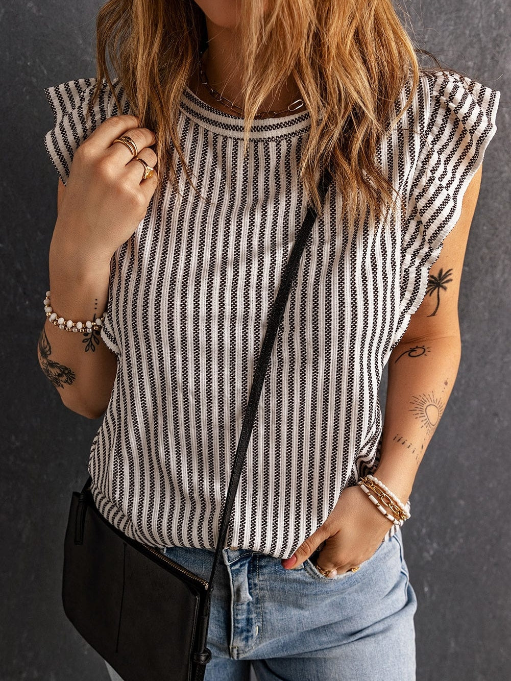 Elegant Khaki Striped Ruffle Tank Top