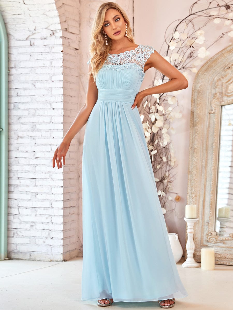 Elegant Lace Cap Sleeve Chiffon Evening Gown with Rhinestone-Embellished Neckline
