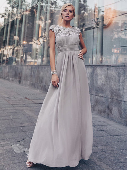 Elegant Lace Cap Sleeve Chiffon Evening Gown with Rhinestone-Embellished Neckline