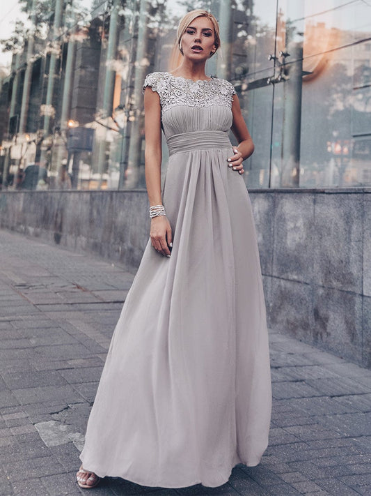 Elegant Lace Cap Sleeve Chiffon Evening Gown with Rhinestone-Embellished Neckline