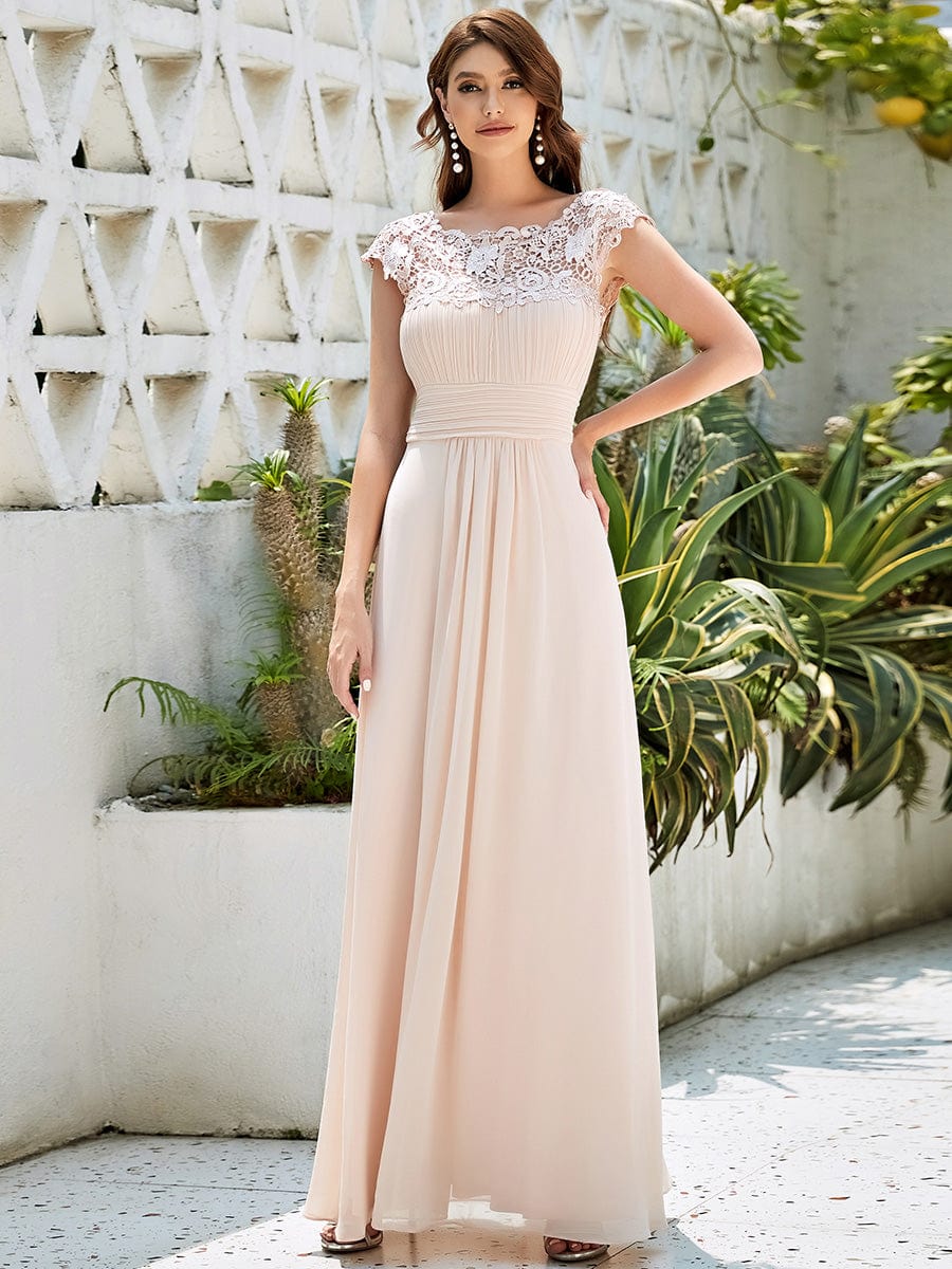 Elegant Lace Cap Sleeve Chiffon Evening Gown with Rhinestone-Embellished Neckline