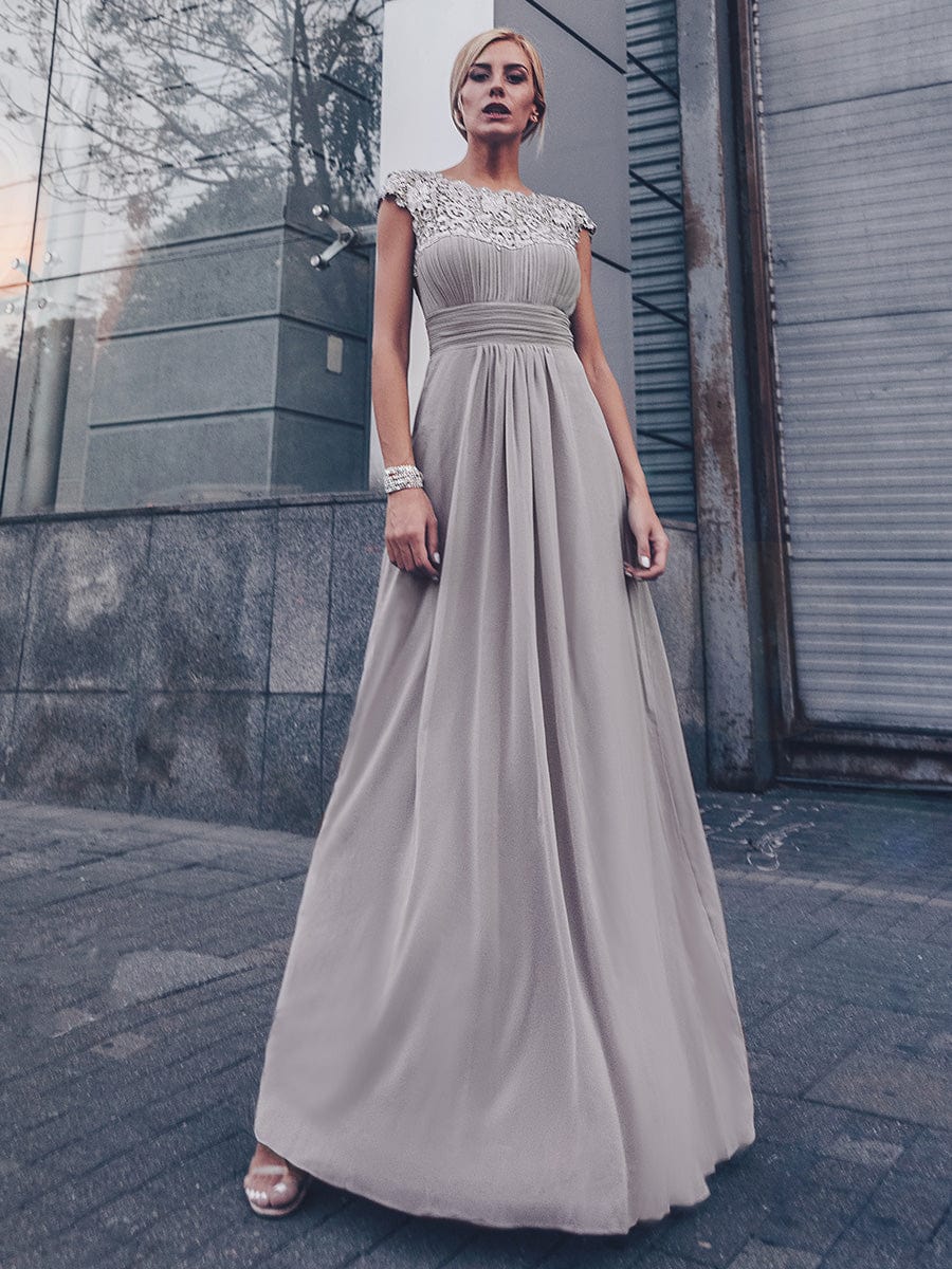 Elegant Lace Cap Sleeve Chiffon Evening Gown with Rhinestone-Embellished Neckline