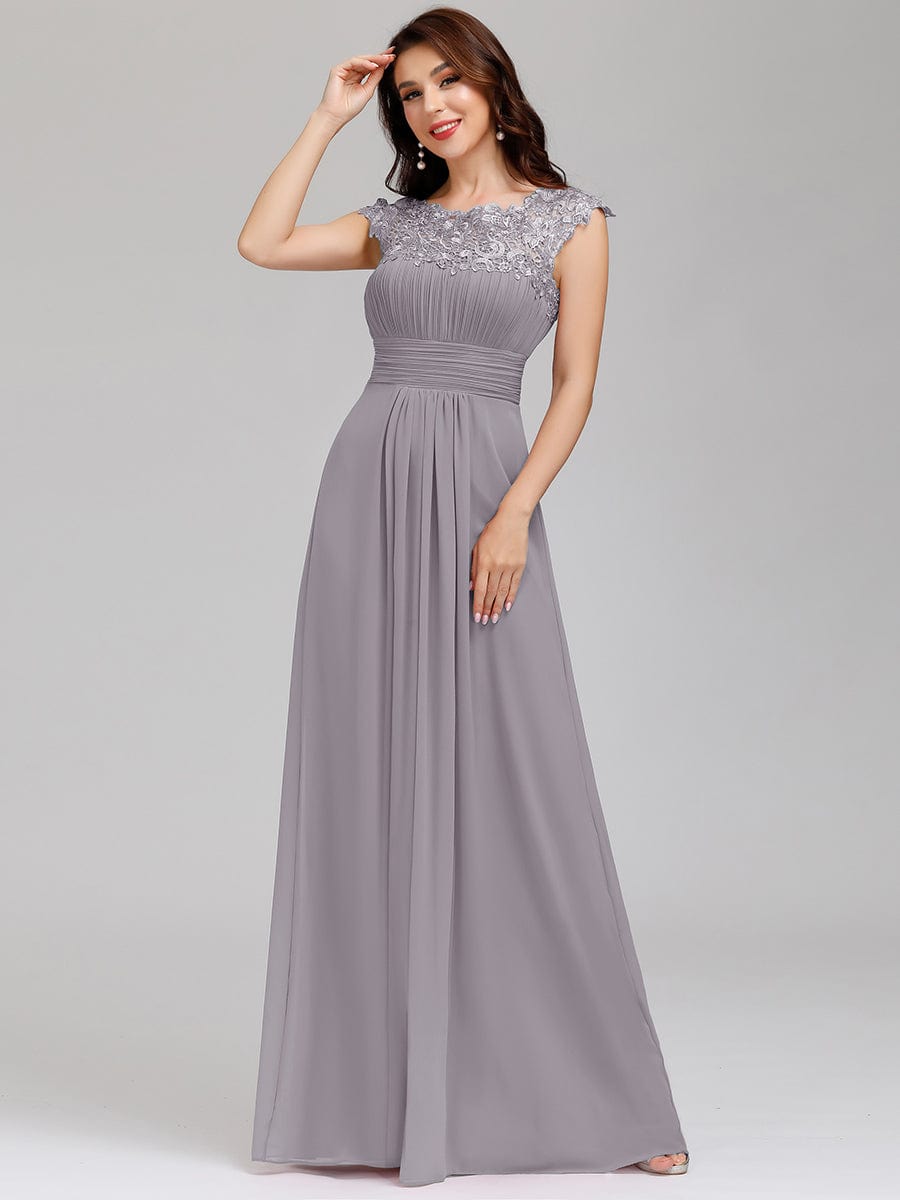 Elegant Lace Cap Sleeve Chiffon Evening Gown with Rhinestone-Embellished Neckline