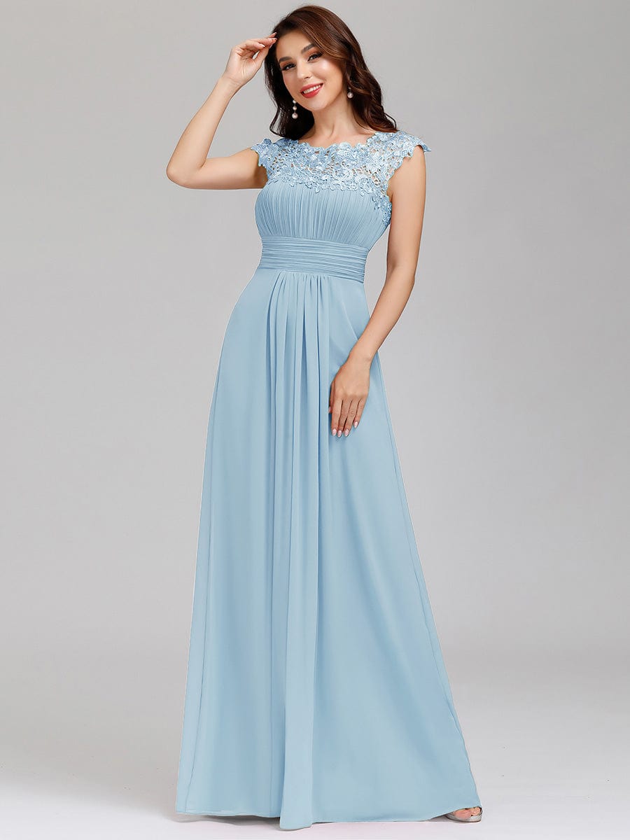 Elegant Lace Cap Sleeve Chiffon Evening Gown with Rhinestone-Embellished Neckline