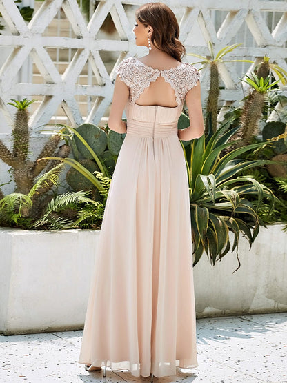 Elegant Lace Cap Sleeve Chiffon Evening Gown with Rhinestone-Embellished Neckline