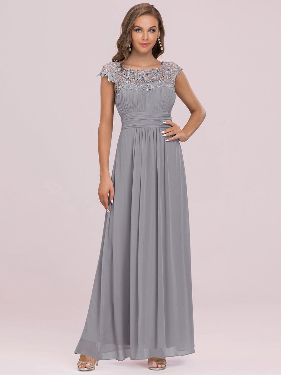 Elegant Lace Cap Sleeve Chiffon Evening Gown with Rhinestone-Embellished Neckline