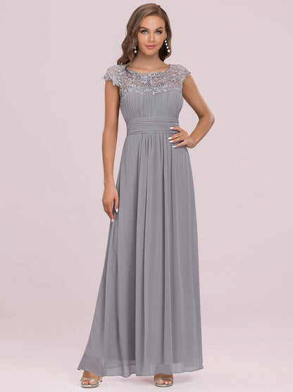 Elegant Lace Cap Sleeve Chiffon Evening Gown with Rhinestone-Embellished Neckline