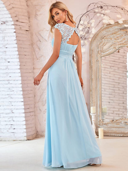 Elegant Lace Cap Sleeve Chiffon Evening Gown with Rhinestone-Embellished Neckline