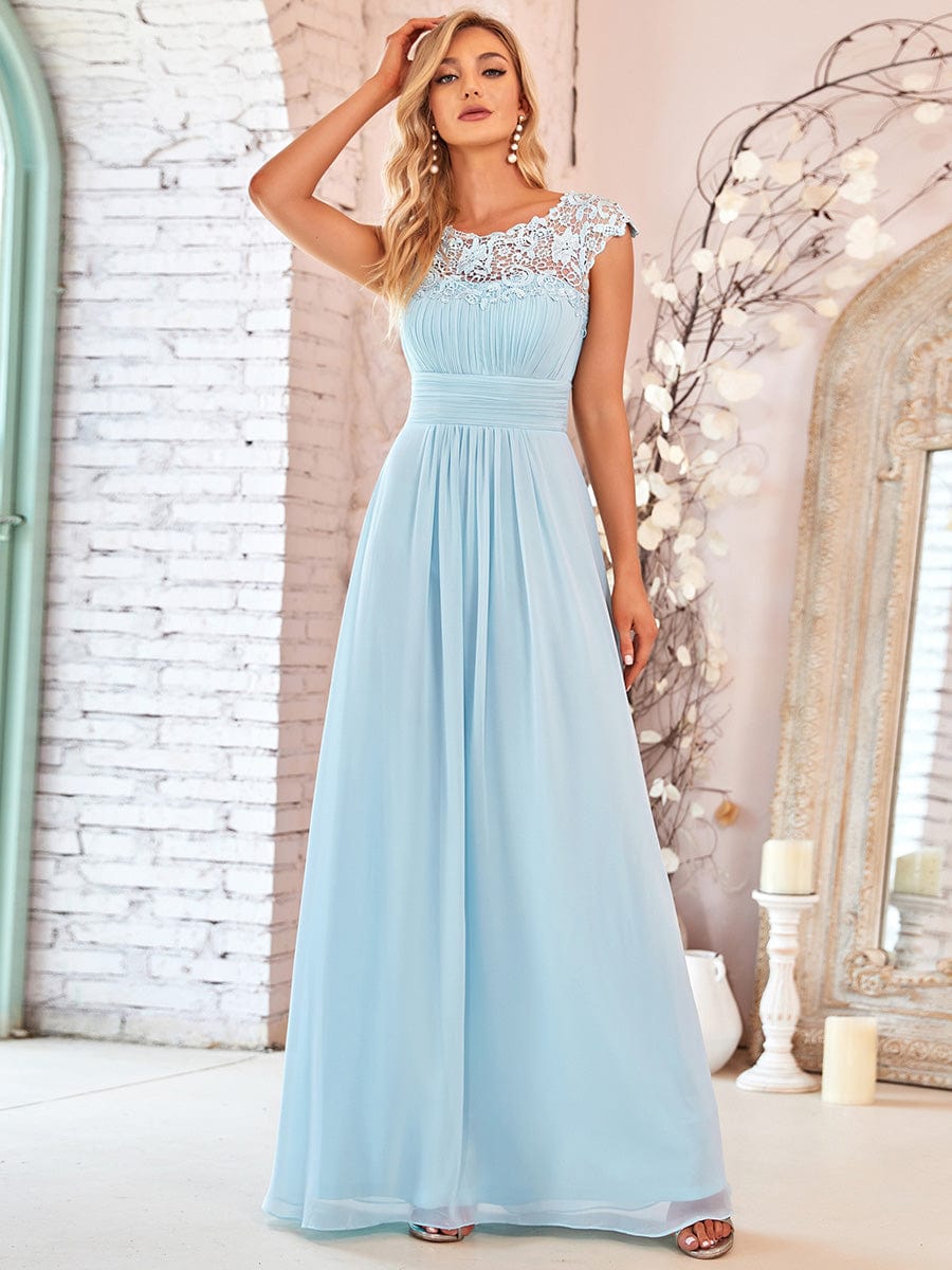 Elegant Lace Cap Sleeve Chiffon Evening Gown with Rhinestone-Embellished Neckline
