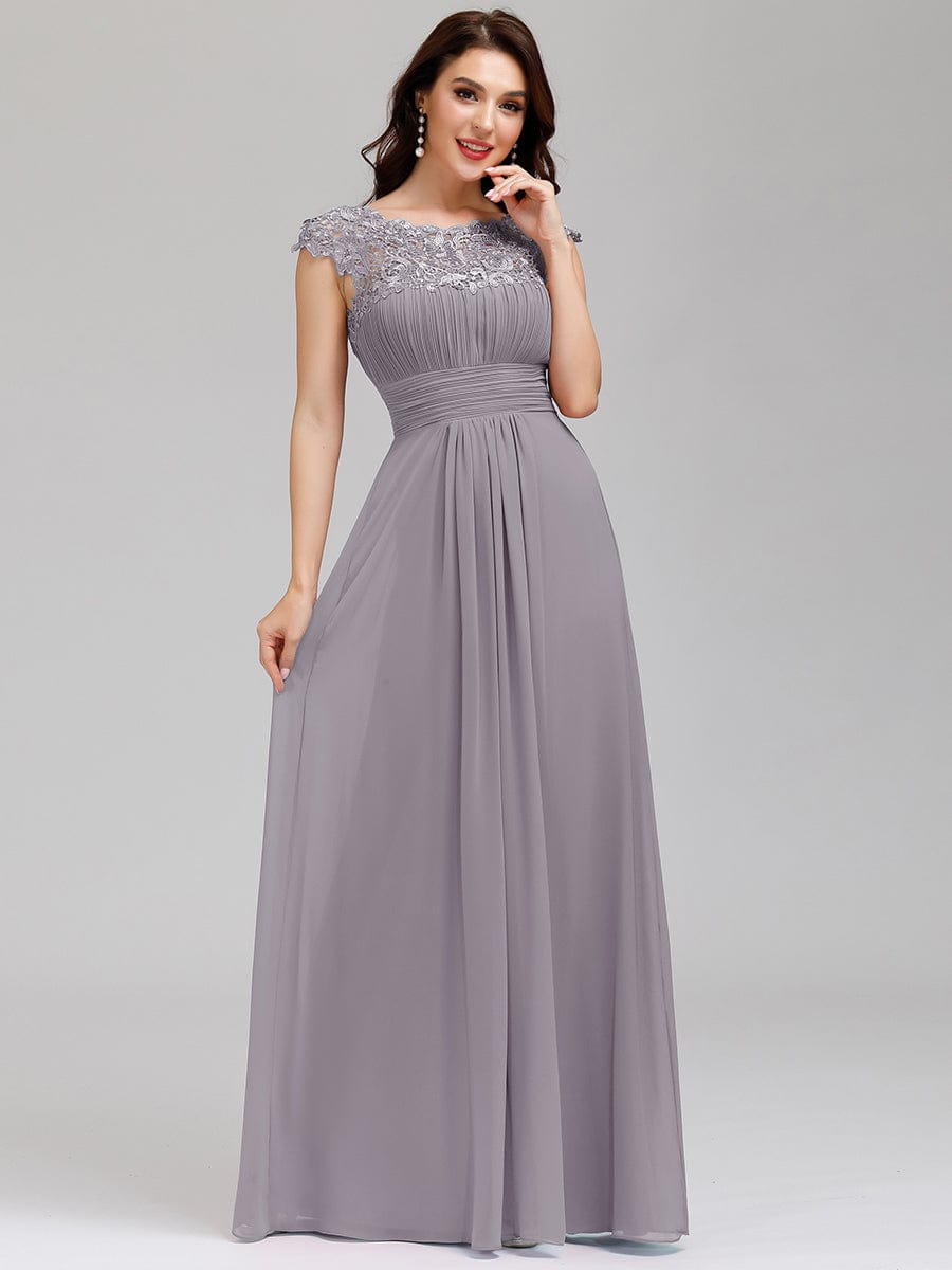 Elegant Lace Cap Sleeve Chiffon Evening Gown with Rhinestone-Embellished Neckline