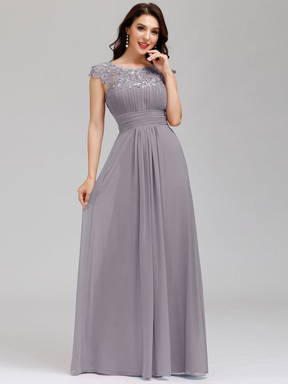 Elegant Lace Cap Sleeve Chiffon Evening Gown with Rhinestone-Embellished Neckline