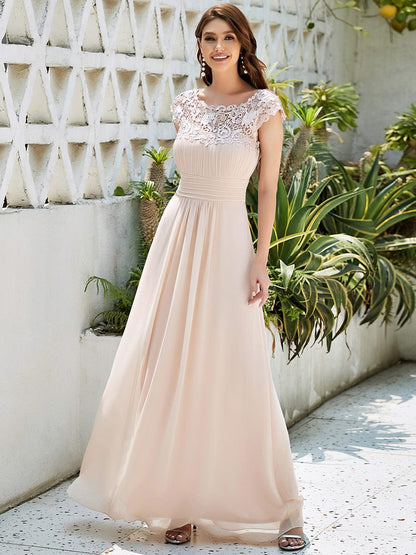 Elegant Lace Cap Sleeve Chiffon Evening Gown with Rhinestone-Embellished Neckline