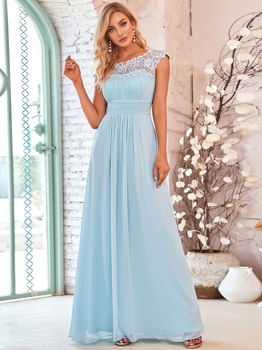 Elegant Lace Cap Sleeve Chiffon Evening Gown with Rhinestone-Embellished Neckline