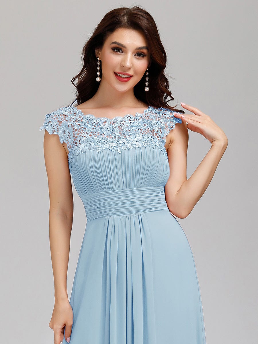 Elegant Lace Cap Sleeve Chiffon Evening Gown with Rhinestone-Embellished Neckline