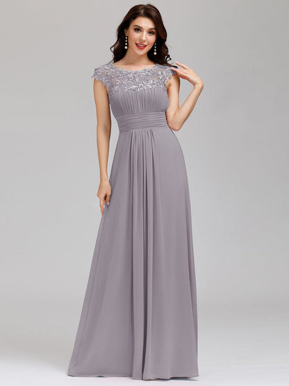 Elegant Lace Cap Sleeve Chiffon Evening Gown with Rhinestone-Embellished Neckline