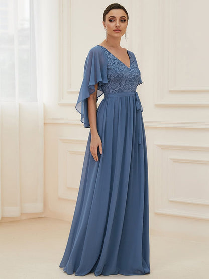 Elegant Lace Detail Deep V Neck Evening Gown