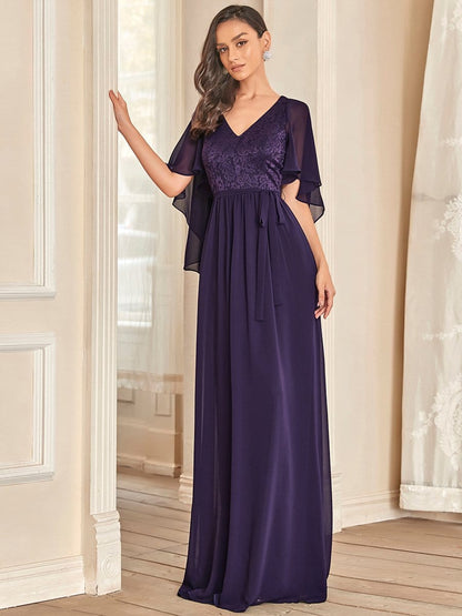 Elegant Lace Detail Deep V Neck Evening Gown