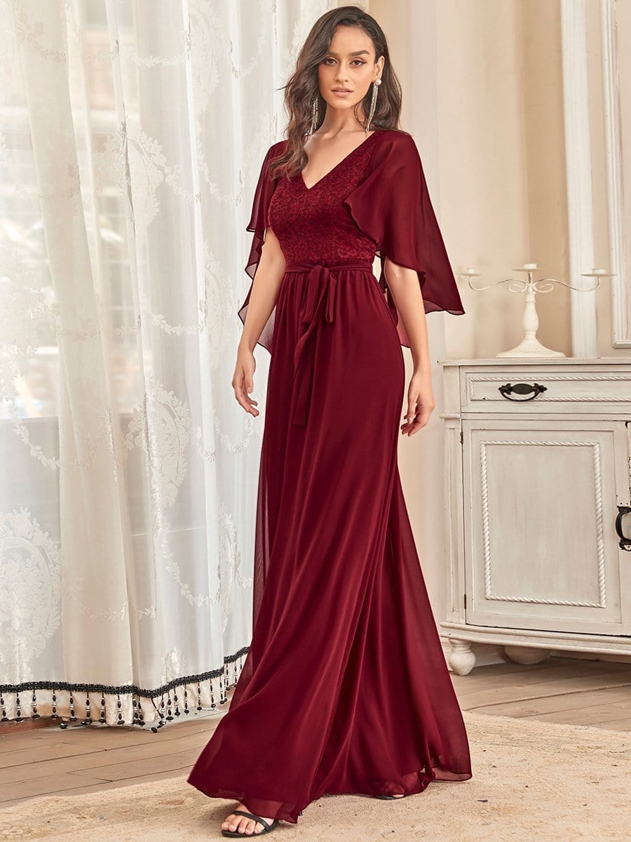 Elegant Lace Detail Deep V Neck Evening Gown