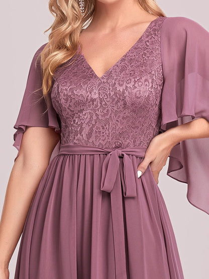 Elegant Lace Detail Deep V Neck Evening Gown