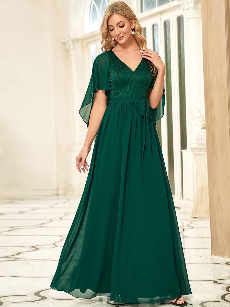 Elegant Lace Detail Deep V Neck Evening Gown