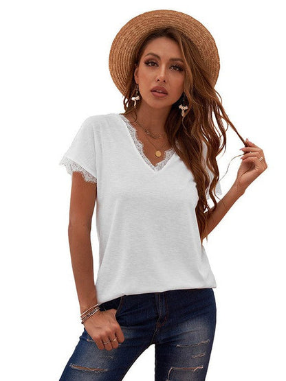 Elegant Lace-Detailed V-Neck Women's Casual T-Shirt with Short Sleeves