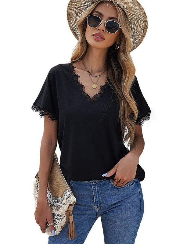 Elegant Lace-Detailed V-Neck Women's Casual T-Shirt with Short Sleeves