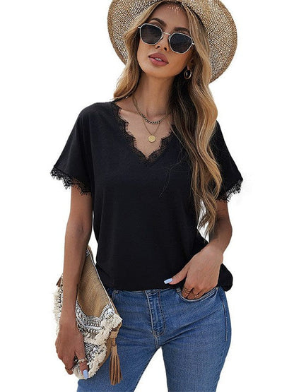 Elegant Lace-Detailed V-Neck Women's Casual T-Shirt with Short Sleeves