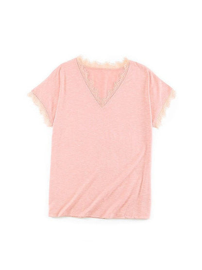 Elegant Lace-Detailed V-Neck Women's Casual T-Shirt with Short Sleeves