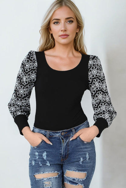 Elegant Lace Floral Black Blouse with Puff Sleeves