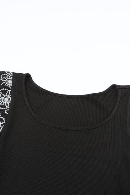 Elegant Lace Floral Black Blouse with Puff Sleeves