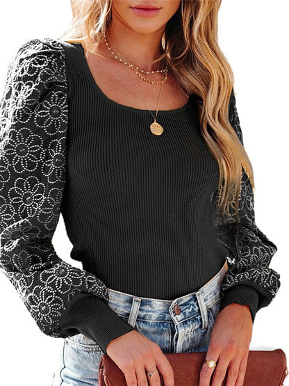 Elegant Lace Patchwork Viscose Pullover Sweater with Puff Sleeves