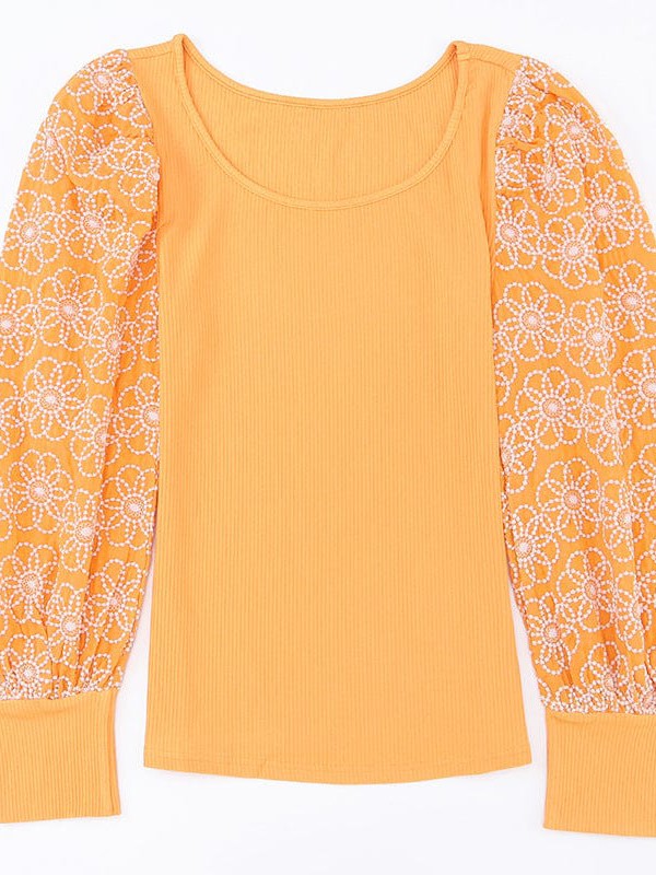 Elegant Lace Patchwork Viscose Pullover Sweater with Puff Sleeves