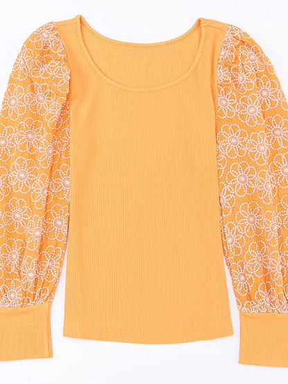 Elegant Lace Patchwork Viscose Pullover Sweater with Puff Sleeves