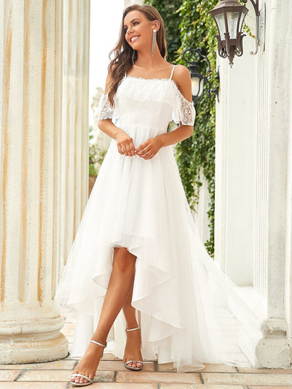 Elegant Lace & Tulle Off-Shoulder Asymmetrical Wedding Gown