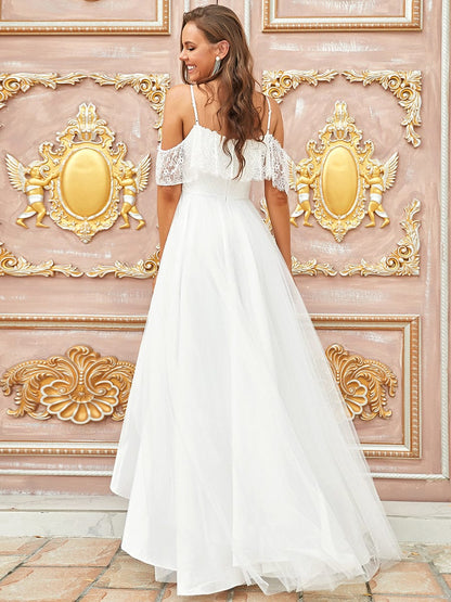Elegant Lace & Tulle Off-Shoulder Asymmetrical Wedding Gown