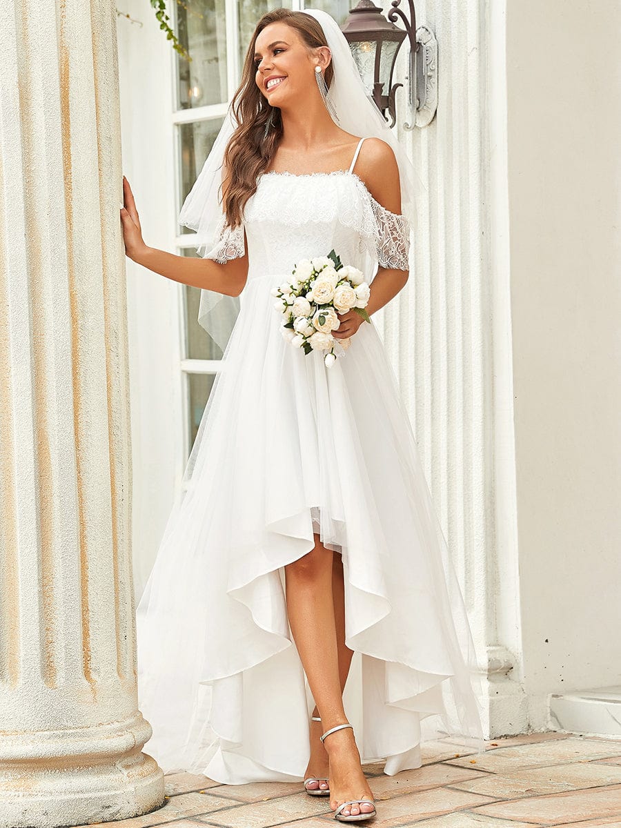Elegant Lace & Tulle Off-Shoulder Asymmetrical Wedding Gown