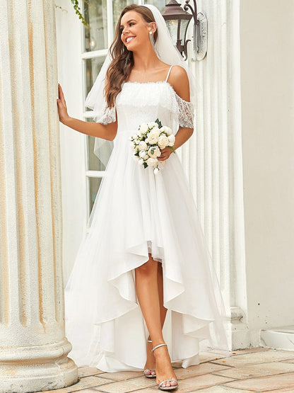 Elegant Lace & Tulle Off-Shoulder Asymmetrical Wedding Gown