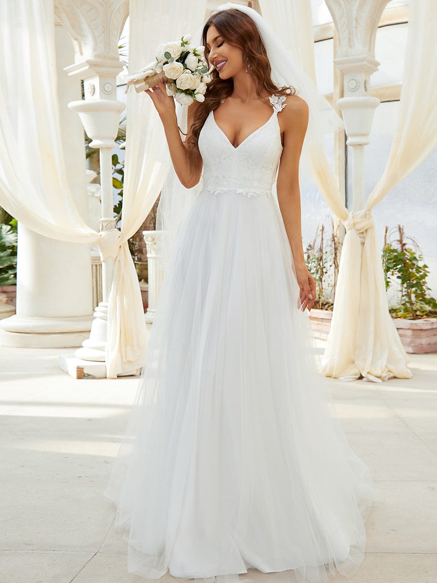 Elegant Lace Tulle Wedding Gown with Double V-Neck