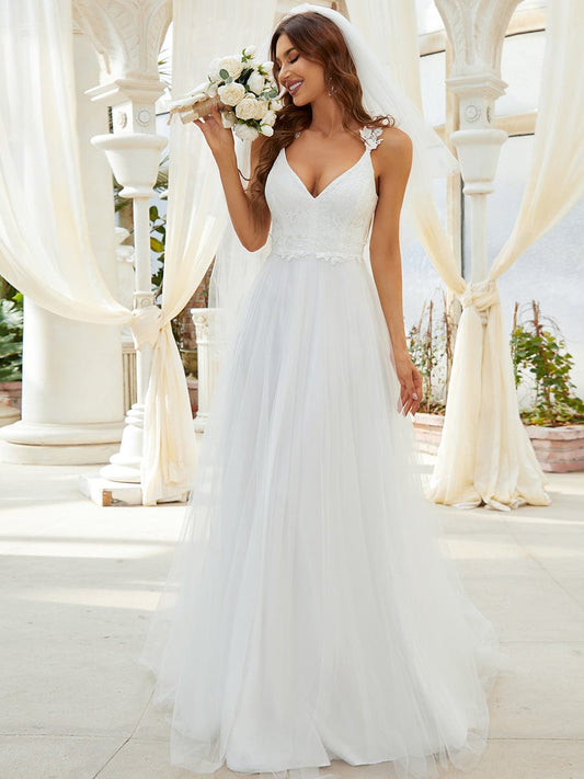 Elegant Lace Tulle Wedding Gown with Double V-Neck